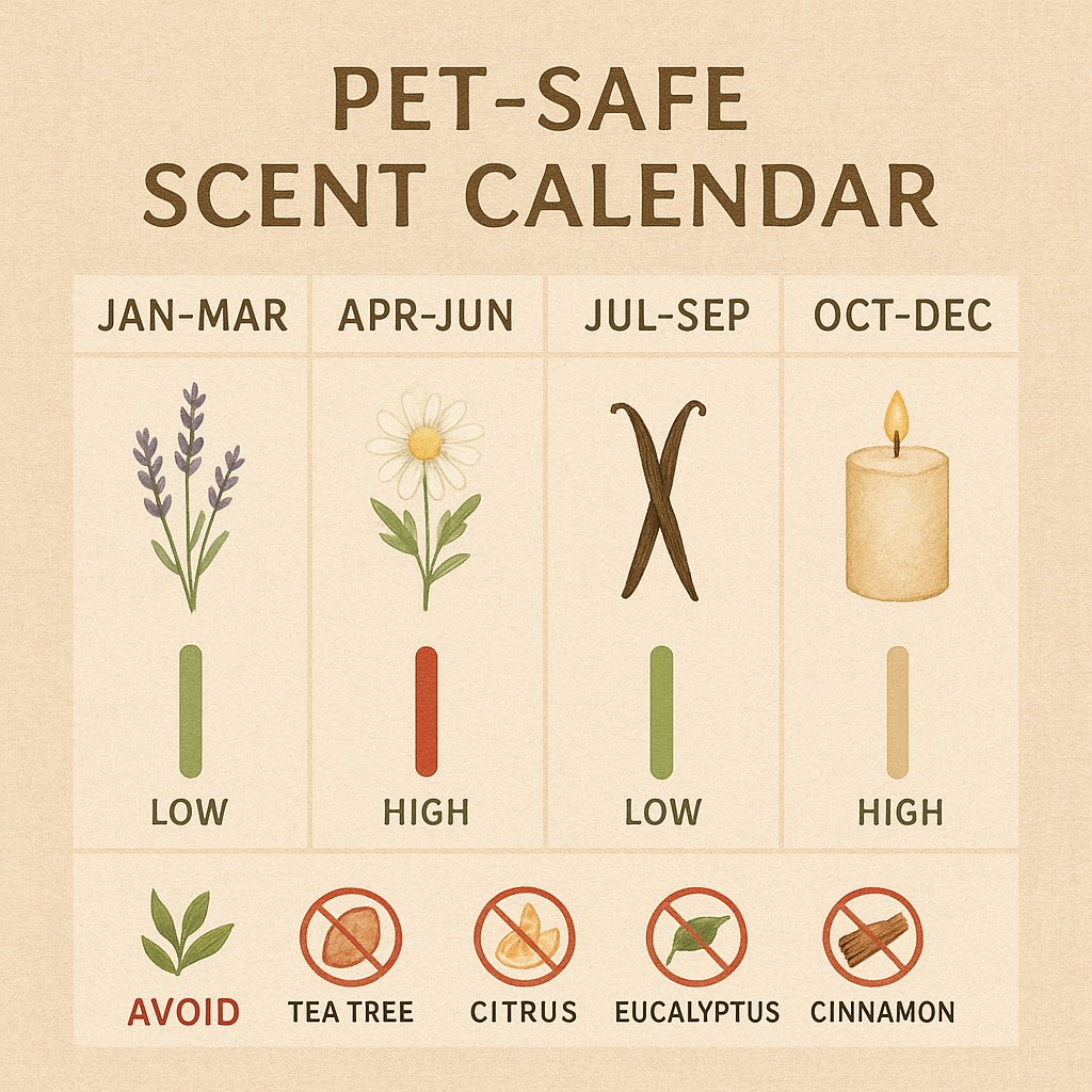Negyedéves pet-safe naptár 5 biztonságos illattal és 4 mérgező olajjal, az évszakok feltüntetésével