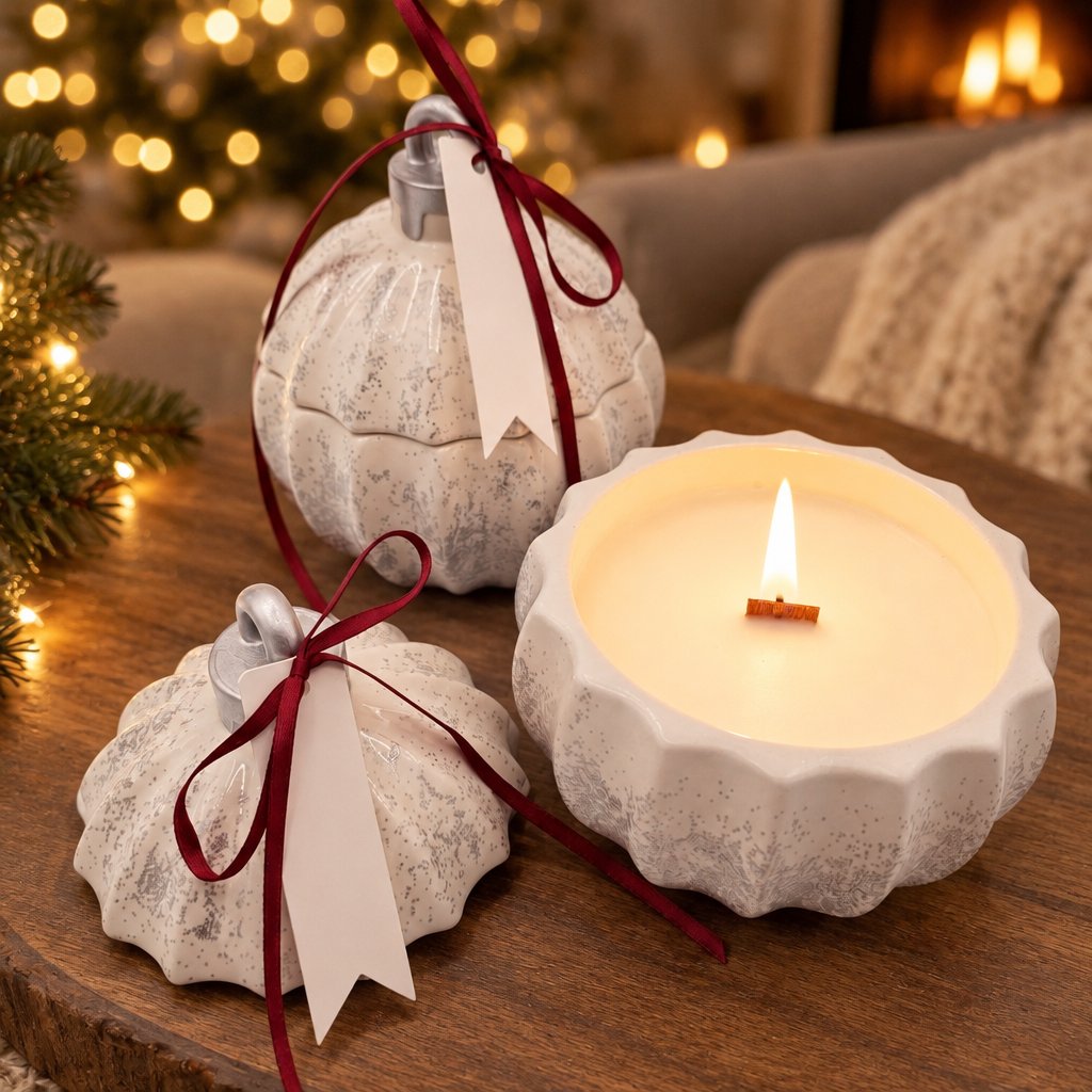 Karácsonyi gömb díszű gyertya – Fehér / Ezüst / Téli varázslat